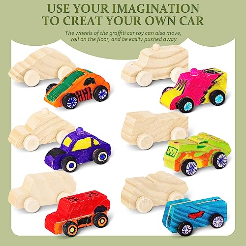 Lenwen 48 Pcs Wooden DIY Car Toys for Party Unfinished Wooden Cars, Wood Truck Wood Graffiti Toy Truck and Crafts DIY for Students Girls Boys Activities Craft Projects Woodworking (Cute) - style: Cute