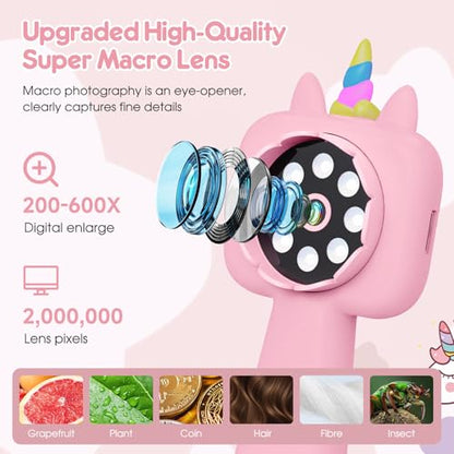 2.4" Screen Kids Microscope, 4K Handheld Digital Microscope - color: Pink
