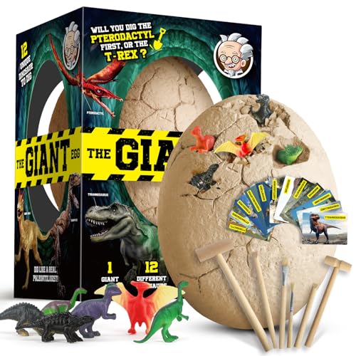 Dinosaur Egg Dig Kit, Unearth a Jumbo Dino Egg with 12 Unique Large Surprise Dinosaur Toys, Ideal Educational STEM Toys and Gifts for Kids Aged 5-7, Suitable for Party and Easter - style: Dinosaur Egg Dig Kit