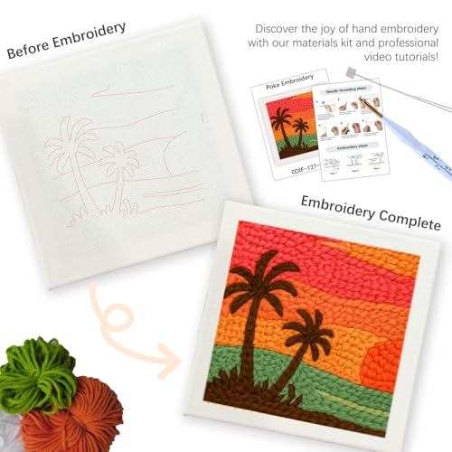 SDOYUNO Punch Needle Kit with Frame for Adults Beginners Kits 9.84 x 9.84 Inch Embroidery Starter Kits Punch Needle Kit with Sunset Beach Pattern, Threader, Yarns, Rug Punch, DIY Craft Kits (Green) - color: green