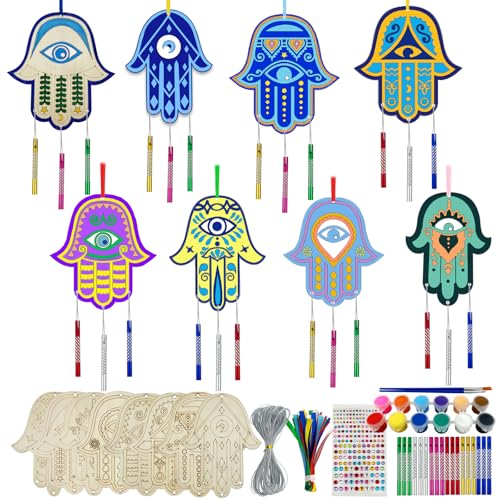 JEKEJIAJIU 24 Sets Hamsa Hand Wind Chime Kit for Kids Make You Own Hamsa Hand Craft DIY Coloring Wooden Hamsa Hand Art and Craft for Kids Gifts School Home and Party Supplies