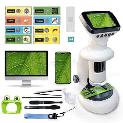Microscope for Kids with 12 Slides, 200X-1000X,2.4" Screen Digital Handheld Kids Microscope Kit, Portable Pocket Removable Miniscope Science Toys Gifts for for 3 4 5 6 7 8 9 10 11 12 Year Old