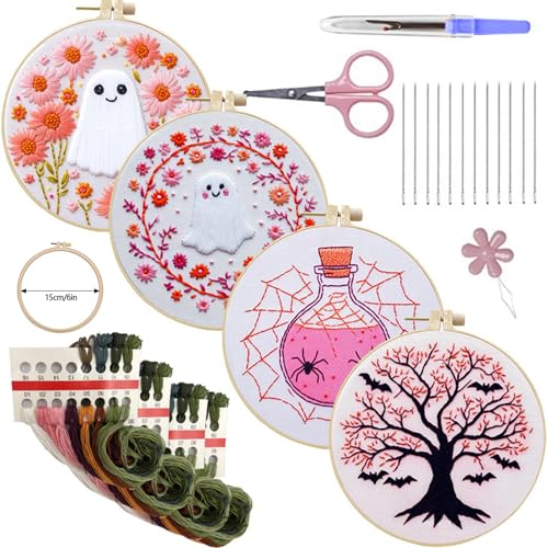 SCECALA 4 Pack Pink Halloween Embroidery Kit for Beginners - color: Pink White
