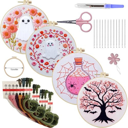 SCECALA 4 Pack Pink Halloween Embroidery Kit for Beginners - color: Pink White