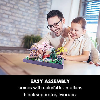 Micro Building Blocks Sets，Chinese Zen Garden Architecture and Cherry Blossom Bonsai Tree Building Toys for Adults，Japanese Sakura House Model，Creative Mini Bricks Gift for Kids 14+，2280 PCS