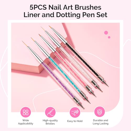 MelodySusie 5 Pcs Nail Art Liner Brushes Dual Dotting Pen Set #5#7#9#11#14 - color: Pink, Black, blue, White, Purple, size: 5