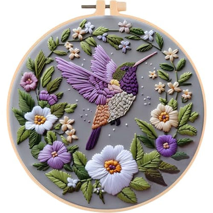 Needlework Embroidery Kit with Hoop,Flower Hummingbird Pattern Handmade Cross Stitch Sewing Art Craft Kit with Stamped Design Cotton,Threads,Needles for Beginners - color: Hummingbird Flower
