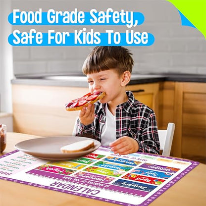 6 Pack Placemats for Kids, Non-Slip Washable Table Mat, Reusable Addition, Subtraction, Time, Calendar, Money & Holiday Placemats for Home, Kindergarten, Classroom, Nursery - style: Time