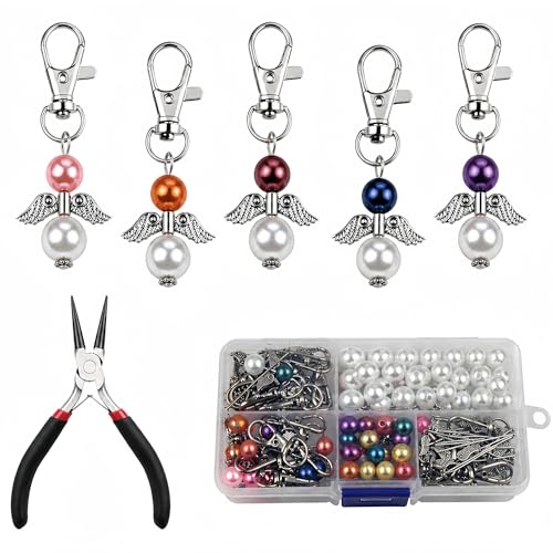 Metacipher 180Pcs DIY Angel Keychain Making Kit with Beads and Pliers ﻿ - color: White Pearl