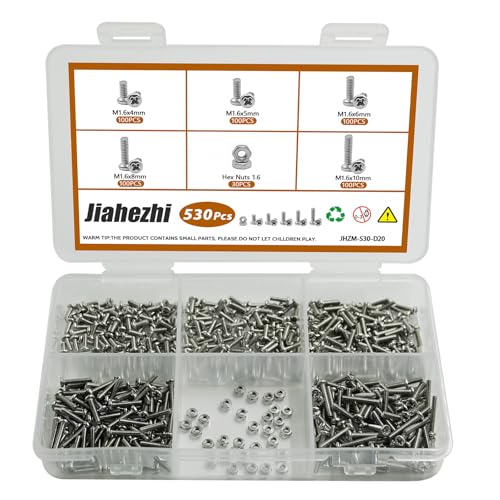530Pcs 304 Stainless Steel Metric Micro Screws Nuts Assortment, M1.6x4/5/6/8/10mm Sizes, Phillips Pan Head, Fully Threaded Kit for Arduino, RC Models, Electronics, DIY Projects - size: M1.6x4/5/6/8/10- 530 Pcs