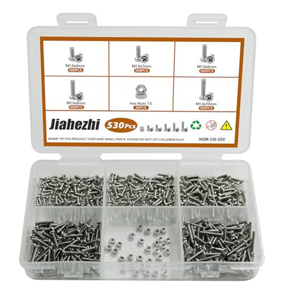 530Pcs 304 Stainless Steel Metric Micro Screws Nuts Assortment, M1.6x4/5/6/8/10mm Sizes, Phillips Pan Head, Fully Threaded Kit for Arduino, RC Models, Electronics, DIY Projects - size: M1.6x4/5/6/8/10- 530 Pcs
