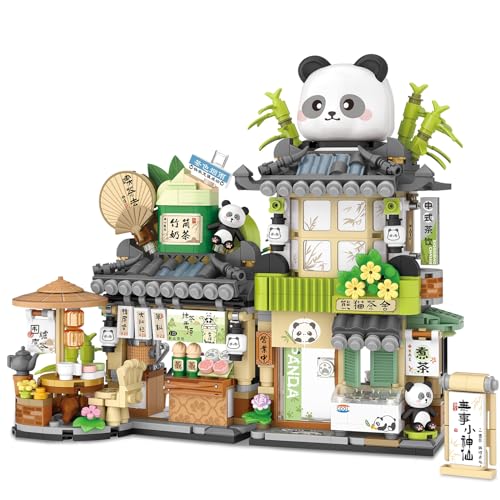 Street View Tea Shop Mini Building Blocks, MOC Creative Building Toys Cute Panda Animals Building Set for Girls 6-12, Simulation Architecture Construction Toy, Gift Idea for Kids Adults (860PCS) - style: Tea Shop