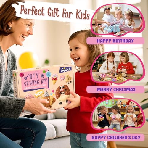 Toylink DIY Sewing Kit for Kids Ages 4-12, 12 Dessert Felt Craft Kit with Pre-Punched Holes, Blunt Plastic Needles, Cotton Stuffing - First Sewing Kit STEM Learning Toys for Girls Boys Birthday Gift - style: Dessert 1