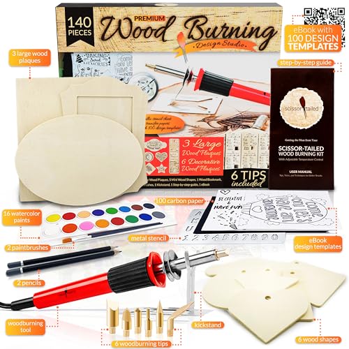 Scissor-Tailed Beginners Wood Burning Kit 140 Pieces. Best Gift Idea for Art & Craft Kit Lovers. Woodburning DIY Hobby Kits with 9 Large Wooden Plaques to Make Unique Wood Burning Projects