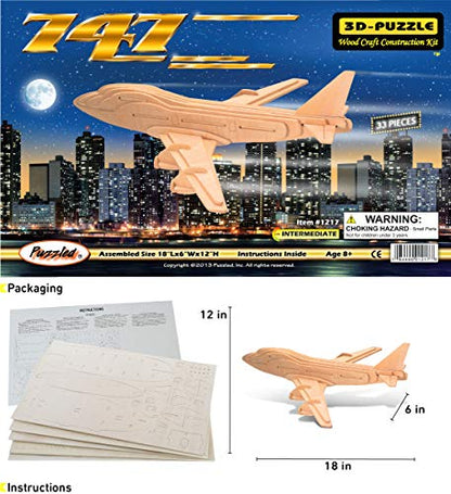 Puzzled 747 Jet Plane 3D Puzzle Wood Craft Construction Kit Aircraft, Fun & Educational DIY Wooden Toy Assemble Model Unfinished Craft Hobby Airplane Puzzle to Build & Paint for Decoration 33pcs Pack