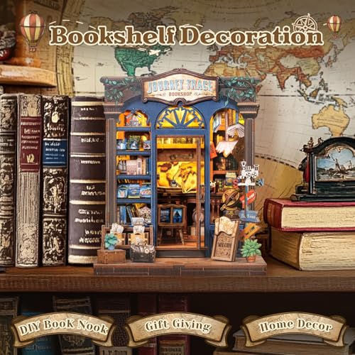 CUTEBEE Book Nook Kit - DIY Miniature House Dollhouse Kit for Adults and Teens, Booknook Tiny House Bookshelf Decor 3D Wooden Puzzle, Gifts for Family, Friends (Journey Trace Bookshop)