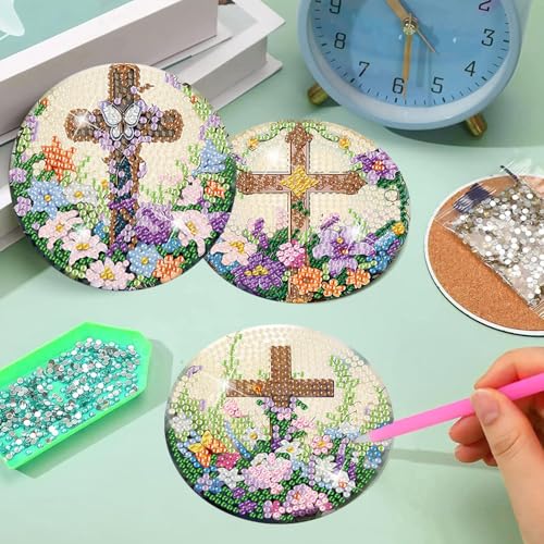 8 Pcs Diamond Art Coasters Kits for Adults, Cross Diamond Coasters 4x4in - color: Cross Coasters, size: 8 Pcs 4x4in