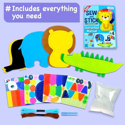 EZCRA Safari Animal Sewing Kit for Kids Ages 4-8 - 4 Felt Projects - color: Safari 4-in-1