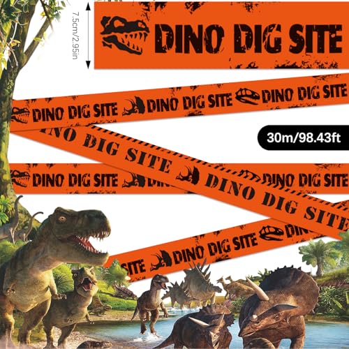 Nuanchu 2 Rolls 3'' x 98 Feet Dino Dig Site Caution Tape Party Decorations - style: Orange Dino Dig Site Caution