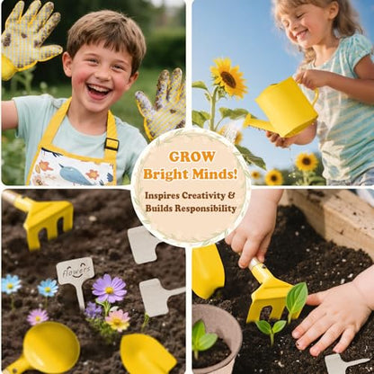 Kids Gardening Tool Set 18PCS Outdoor Toys Tote Bag Watering Can Yellow - color: Yellow