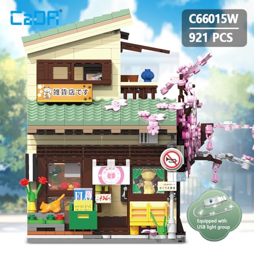 CaDA Japanese Style Cat Grocery Store House Building Set, Master C66015W City Street Brick Kit with Lights, 8921PCS Modular House Idea Gift for Adults - color: C66015w