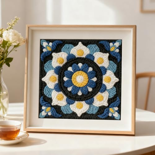 INFUNLY Mandala Punch Needle Kit Blue White DIY Embroidery Punch Needle Set for Adults Square 9.4" Punches Stitching Starter Kits with Easy to Follow Instructions Yarns Fabric Festival Gift Home Decor - style: Blue Mandala