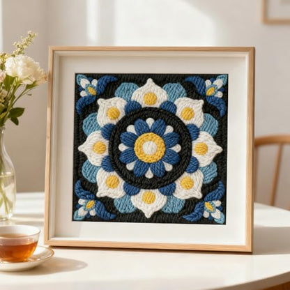 INFUNLY Mandala Punch Needle Kit Blue White DIY Embroidery Punch Needle Set for Adults Square 9.4" Punches Stitching Starter Kits with Easy to Follow Instructions Yarns Fabric Festival Gift Home Decor - style: Blue Mandala