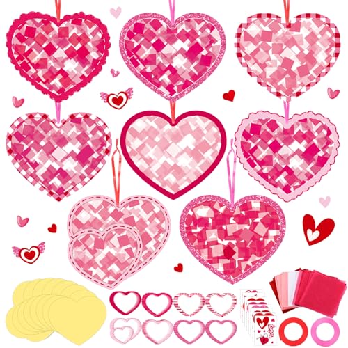 DoubleFill 48 Pcs Valentine's Day Heart Suncatchers Craft Kits DIY Heart Stained Glass Effect Tissue Paper Kits Bulk for Valentine Window Decor Ornament Party Art Favors - style: Valentines Heart