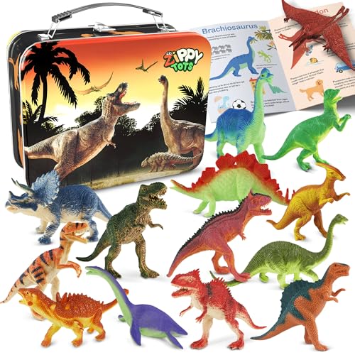 Zippytots Dinosaur Toys for Kids 3-5-7-14 Realistic Plastic Dinosaur Figures with Metal Storage Box & Learning Booklet - Educational Dino Figure Toys for Boys Girls Toddlers - style: 14pc-Medium-MetalBox