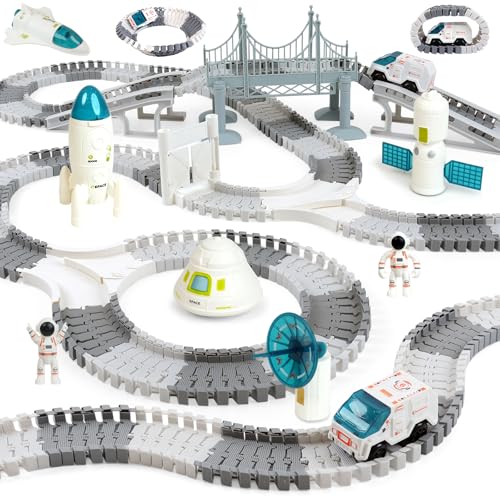 BEMITON Race Track Toy for Kids - Best Birthday Gift for 3 4 5 6 7 Year Old Boys, 290+ PCS DIY Flexible Track Playset, Creative Building Toys - color: White Space Race Track