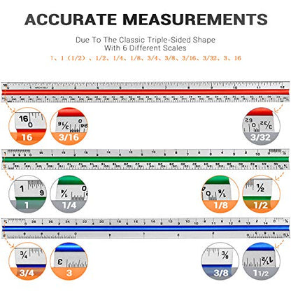 12" Architectural Scale Ruler Triangular Ruler, Color-Coded, 1 Pack - color: Tricolor