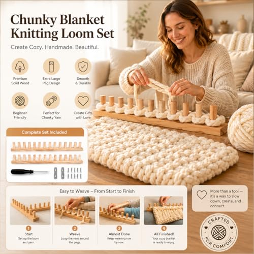 48'' Chunky Knitting Blanket Loom, Adjustable Wood Knit Loom with Detachable Modules, Portable Hand Weaving Loom Kit for Beginners, DIY Yarn Craft Tool for Home & Trave (48 inch) - size: 48 in – 4 Sections