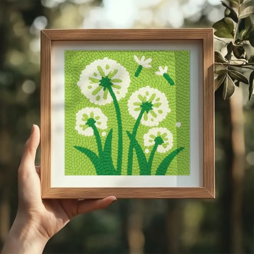 DOODLREAM Dandelion Flower DIY Punch Needle Embroidery Kit for Adult Beginner, 9.4" Green Grass Punch Stitching Craft Set for Starter with Frame, Fabric Pattern, Threader, Yarn, Pinch Needle - color: Dandelion