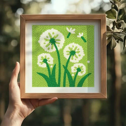 DOODLREAM Dandelion Flower DIY Punch Needle Embroidery Kit for Adult Beginner, 9.4" Green Grass Punch Stitching Craft Set for Starter with Frame, Fabric Pattern, Threader, Yarn, Pinch Needle - color: Dandelion