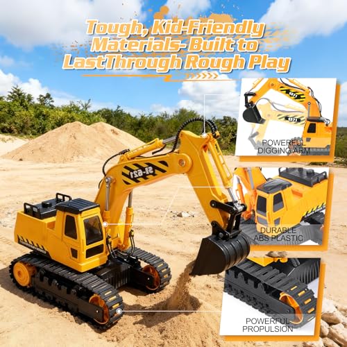 DOUBLE E Remote Control Excavator Toy, 2*Batteries 2.4GHz RC Excavator, 6-in-1 Digging/360° Rotation, 20M Range Sandbox Construction Toys Birthday Gift for Boys/Kids 6+ Years - color: Yellow
