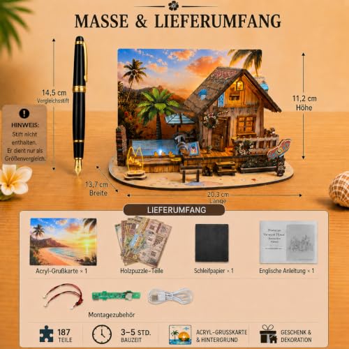 LED 3D Wooden Puzzle for Adults, DIY Miniature Hawaiian Beach House,Decor