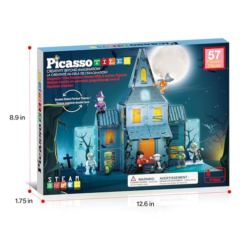 PicassoTiles 57 PCS Magnetic Tiles Halloween Haunted House STEM Set Ages 3+ - color: Haunted House
