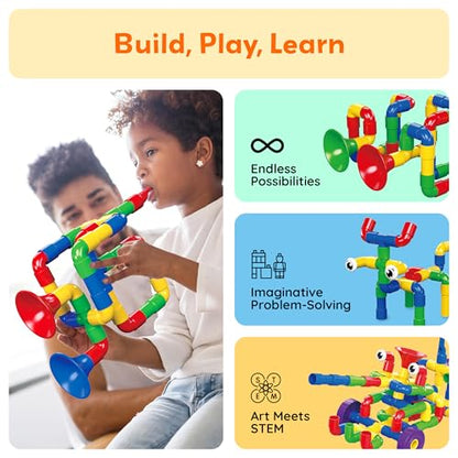 PicassoTiles PTT136 136pcs Tubular Pipes & Spout STEAM Interlocking Educational Building Block Set, Tube Locks, Pipeworks Construction Blocks w/Storage Container Box, Idea Book, Flute Musical Kit - color: 136pcs Tubular Pipes & Spout