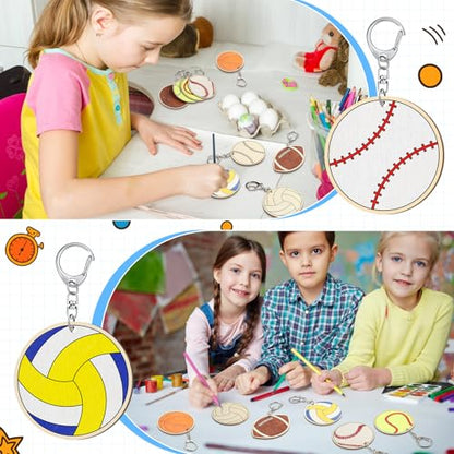 Trnayi 36 Pcs Sports Ball Unfinished Wood Keychains Color Your Own Craft - style: Sports