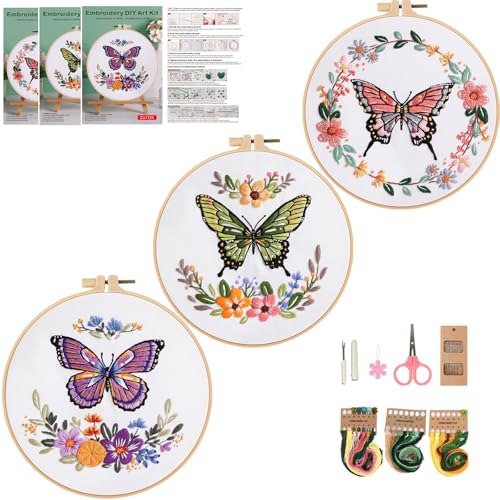 Mozzyyee 3 Sets Embroidery Starter Kit for Beginners Adults Include 3 Embroidery Clothes with Instructions Hoops Floss Thread Fabric Needles (Butterfly) - color: Butterfly