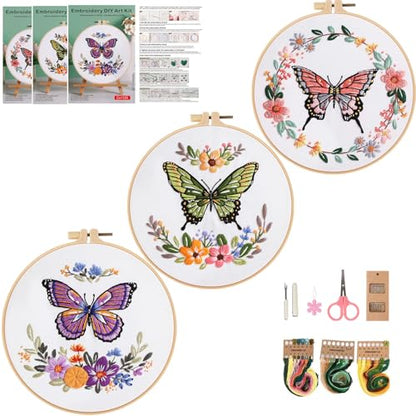 Mozzyyee 3 Sets Embroidery Starter Kit for Beginners Adults Include 3 Embroidery Clothes with Instructions Hoops Floss Thread Fabric Needles (Butterfly) - color: Butterfly