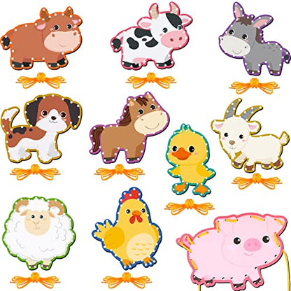 Pajean 10 Pcs Kids Lacing Cards Double Sided Animal Sewing Cards Kits 10 Styles Lacing Toy Crafts for Toddler Ages 6+ Developing Imagination Preschool Learning Activity Supplies(Farm Style) - style: Farm Style