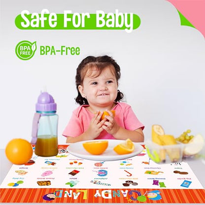 6 Pack Placemats for Kids, Non-Slip Washable Table Mats, Reusable Food Themed Dining Mats - Fruits, Vegetables, Snacks, Candies, Everyday Meal, Educational Placemats for Home, Classroom, Nursery - style: Food