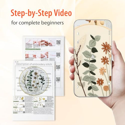Beginner Flower Embroidery Kit for Adults, Pre-Printed with Video Tutorial - color: flower