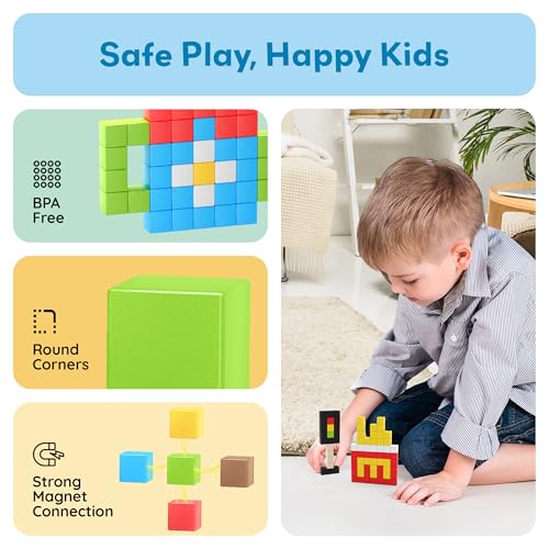PicassoTiles 100pcs 0.5” Pixel Magnetic Puzzle Cube Mix & Match Cubes Sensory Toys STEAM Education Learning Building Block Magnets Children Construction Toy Set Stacking Magnet Creative Kit PMC100 - style: 100pcs 0.5” Pixel