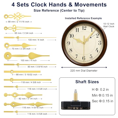 4-Pack Silent Clock Mechanism Replacement Kit, 4 Gold Hand Sets - color: Gold