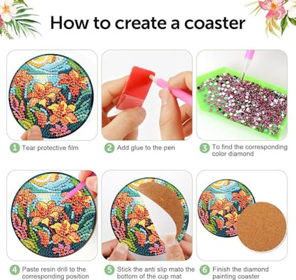 8 Pcs Diamond Art Coasters Kit for Adult with Holder, Diamond Coaster 4x4in - color: Flowers Coasters-A, size: 8 Pcs 4x4in