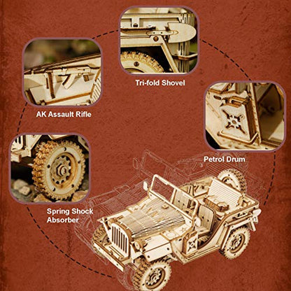 ROBOTIME Car Model Kits 3D Puzzles for Adults and Teens DIY Wooden Crafts No Batteries 1:18 Scale Model Army Field Car