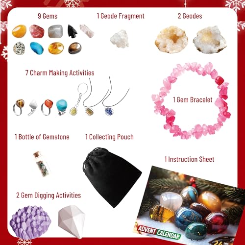 Gemstone Dig Kit - Rock Collection with Rocks, Crystals & Geodes, STEM Rock Kit, DIY Jewelry Making with Bracelet, Necklace & Ring Crafts, Colored Rocks & Gemstones for Kids Ages 6+