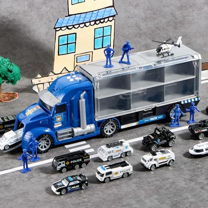 JOYIN 25 in 1 Police Rescue Truck Car Toy Set with Sounds and Lights, Mini Vehicles in Carrier Truck, Play Police Patrol Rescue Vehicle Toy, Birthday Gifts for Over 3 Years Old Boys - style: Police Truck